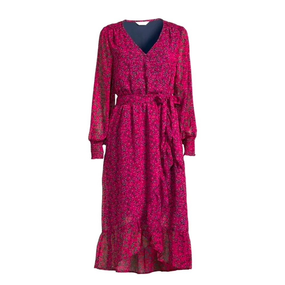 Red Floral Faux Wrap Midi Dress with Smocked Sleeves Ruffle Hem with Tie